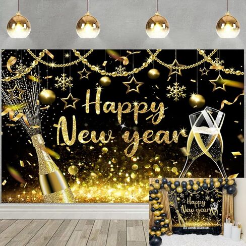 2025 Happy New Year Backdrop Black Gold Shining Champagne Wine Glasses Bokeh Photography Background New Year Prom Holiday Party Banner Decoration Photo Booth Props 7x5FT in Kuwait
