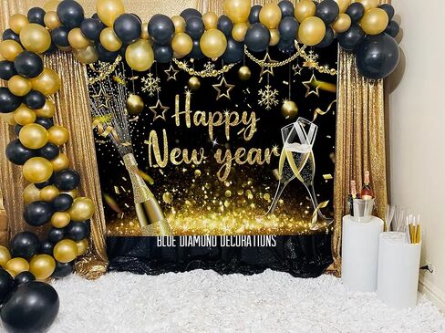 2025 Happy New Year Backdrop Black Gold Shining Champagne Wine Glasses Bokeh Photography Background New Year Prom Holiday Party Banner Decoration Photo Booth Props 7x5FT in Kuwait
