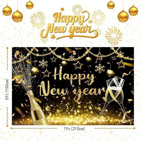 2025 Happy New Year Backdrop Black Gold Shining Champagne Wine Glasses Bokeh Photography Background New Year Prom Holiday Party Banner Decoration Photo Booth Props 7x5FT in Kuwait