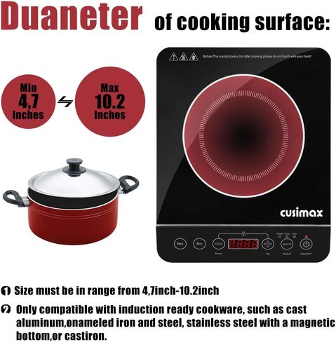 CUSIMAX Portable Induction Cooktop,3 Control Modes, 1800w 7.1" Heating Coil,140°F To 464°F,Induction Hot Plate with LED Display Sensor Touch Screen,Timer and Child Lock,Even and Fast Heating in Saudi Arabia