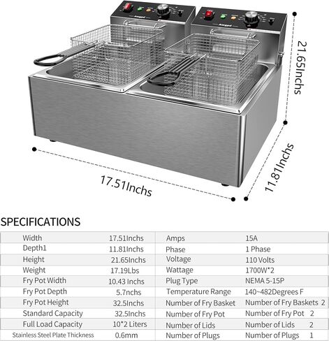 Electric Deep fryer Single Tank Deep Fryer with Basket Capacity 10L(10.5QT) | Electric Countertop Fryer Stainless Steel Deep Fryers for Restaurant Home Use , 1700 Watts, 110V (10L) UL Certified in Saudi Arabia