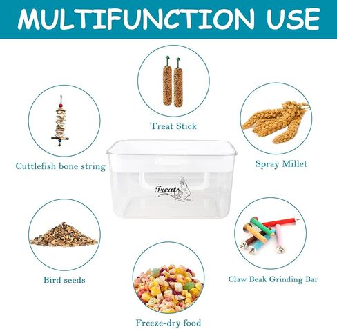 حاوية تخزين بذور الطيور، حاوية علاج الطيور مع مغرفة طعام، حاوية علاج الحيوانات الأليفة الشفافة المكونة من طبقتين، صندوق تخزين لبذور الطيور البرية، بذور عباد الشمس، علاج الطيور مقاوم للقوارض in Kuwait