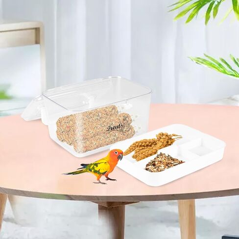 حاوية تخزين بذور الطيور، حاوية علاج الطيور مع مغرفة طعام، حاوية علاج الحيوانات الأليفة الشفافة المكونة من طبقتين، صندوق تخزين لبذور الطيور البرية، بذور عباد الشمس، علاج الطيور مقاوم للقوارض in Kuwait