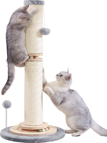 OTOB 33" Tall Cat Scratching Post, 4.3Inch Large Diameter Natural Sisal Rope Scratcher Post, 5-in-1 Interactive Turntable Cat Scratch Post with Soft Hanging Ball Toys for Indoor Large Cats in Saudi Arabia