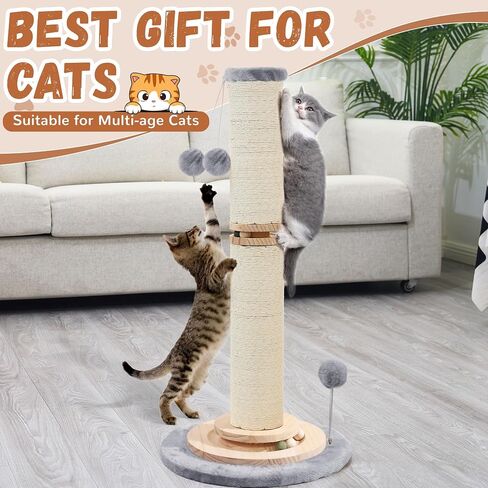 OTOB 33" Tall Cat Scratching Post, 4.3Inch Large Diameter Natural Sisal Rope Scratcher Post, 5-in-1 Interactive Turntable Cat Scratch Post with Soft Hanging Ball Toys for Indoor Large Cats in Saudi Arabia