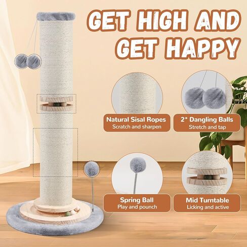 OTOB 33" Tall Cat Scratching Post, 4.3Inch Large Diameter Natural Sisal Rope Scratcher Post, 5-in-1 Interactive Turntable Cat Scratch Post with Soft Hanging Ball Toys for Indoor Large Cats in Saudi Arabia