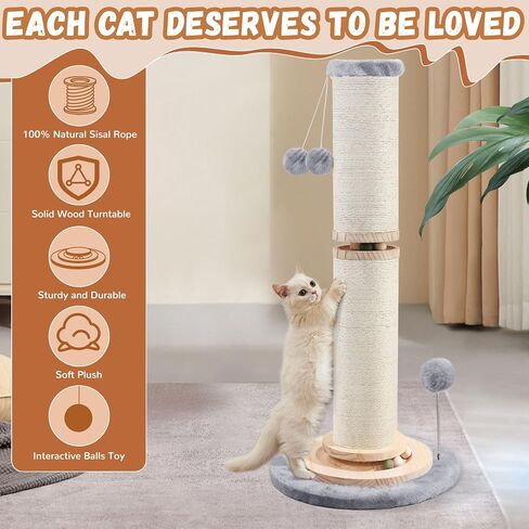 OTOB 33" Tall Cat Scratching Post, 4.3Inch Large Diameter Natural Sisal Rope Scratcher Post, 5-in-1 Interactive Turntable Cat Scratch Post with Soft Hanging Ball Toys for Indoor Large Cats in Saudi Arabia