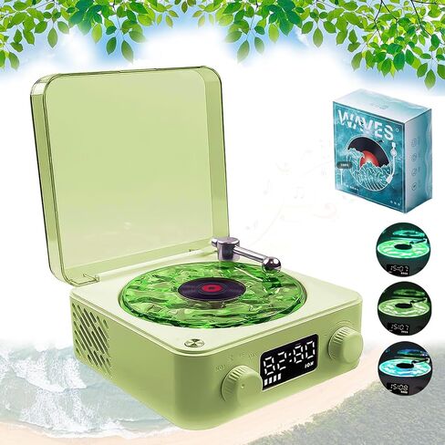 مكبر صوت أكوا فينيل، مكبر صوت بلوتوث من الفينيل، مشغل The Waves Vinyl مع ضوء ووقت قابلين للتعديل لغرفة النوم والمكتب والحفلات، أبيض in Saudi Arabia