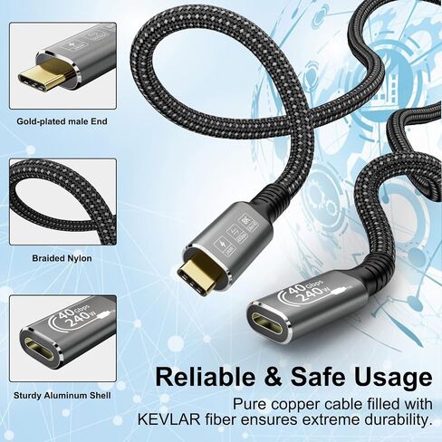 USB4 8K 0.8M Cable Thunderbolt 4 Compatible USB 4 Type-c Male to Female Extension Cable Ultra HD 8K@60Hz 100W Charging 40Gbps Data Transfer Compatible with External SSD eGPU USB-C Docking in Saudi Arabia