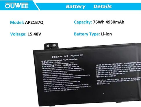 بطارية كمبيوتر محمول AP21B7Q متوافقة مع سلسلة ACER Predator Triton 300 SE PT314-52S 15.48V 76Wh 4930mAh in Saudi Arabia