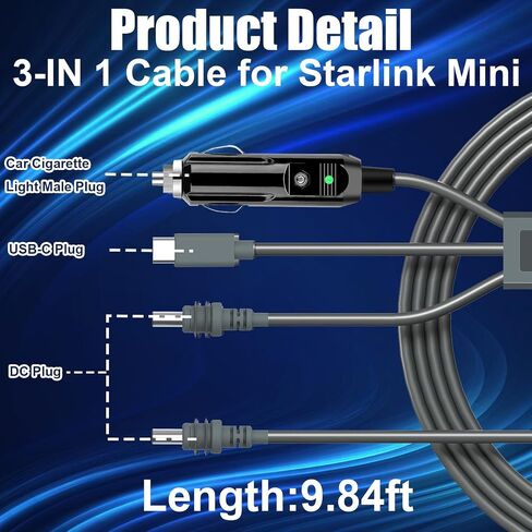 Mity rain for 3 in 1 Starlink Mini Cable 9.85FT, Replacement Cable with USB C/Car Charger/DC to DC Cable for Starlink Mini Power Cable, High Speed Waterproof Accessories Kit for Starlink Mini in Saudi Arabia