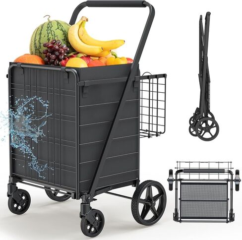 Folding Shopping Cart with Brake Swivel Wheels, Jumbo Grocery Cart with Waterproof Bag & Double Basket, 340lbs Portable Heavy Duty Utility Cart for Shopping/Laundry/Condo in Saudi Arabia
