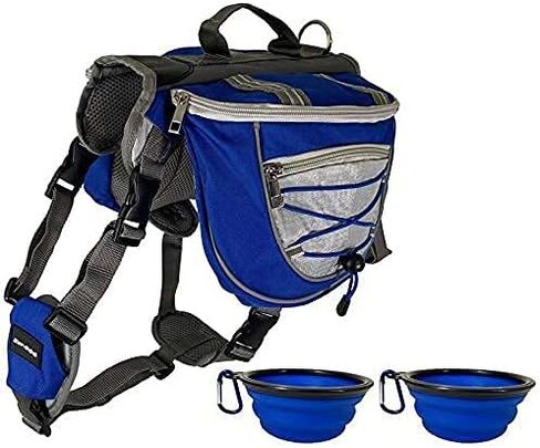 Saddlebag Back Pack & Harness Combo for Dogs 30-100+ lbs. Perfect for Travel, Trail Hiking, & Camping. Reflective, Lightweight, & Comfortable. Comes with Two Collapsible Bowls (Medium, Blue) in Saudi Arabia
