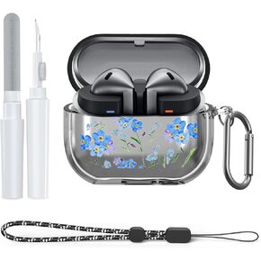 Compatible with Samsung Galaxy Buds3 Pro and Galaxy Buds 3 (2024) Case with Cleaner Kit, Soft TPU Protective Case with Carabiner & Lanyard Accessories Set(Blue Flower)