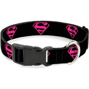 Buckle-Down Plastic Clip Collar - Superman Shield Black/Hot Pink - 1" Wide - Fits 11-17" Neck - Medium