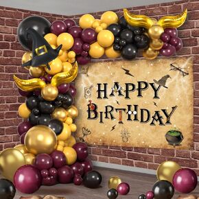140 PCs Magical Wizard Birthday Party Decorations, Wizard Themed Birthday Decoration Wine Red Black Gold Balloon Arch Set Happy Birthday Backdrop Banner,Magical Wizard School Party Decor.