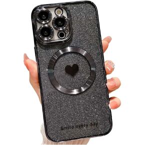 for iPhone 14 Pro Max Case Magnetic Glitter Compatible with MagSafe, Bling Love Heart Clear Phone Case, Camera Protection Sparkly Plating Slim Soft Back Cover for Women - Pink