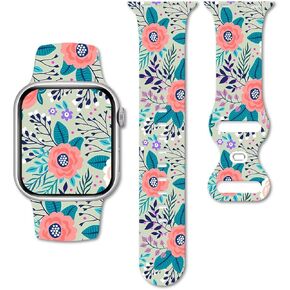 Floral watch Bands Compatible with Apple Watch Band for women 44mm 40mm 38mm 41mm 45mm 49mm 42mm, Soft Silicone Cute Flower Pattern Sport Strap for iWatch Bands Series Ultra 2 SE 9 8 7 6 5 4 3 2 1