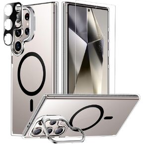 Magnetic Designed for Samsung Galaxy S24 Ultra Case, with [2PCS Screen Protector+Lens Protectors] Shockproof Anti-Scratched Kickstand Phone Case,Black/Clear