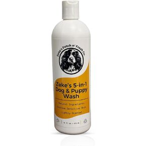Zeke's 5-in-1 Dog & Puppy Wash, Shampoo & Conditioner with Oatmeal & Aloe, Moisturizes Sensitive Skin, Soothes Itchy Coats, 98.25% Natural, Sulfate & Paraben-Free, 16oz