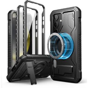 Dexnor Magnetic Case for Samsung Galaxy S24 Case with Kickstand & 2 Front Frames, Built-in Screen Protector, Compatible with Magsafe, Rugged Shockproof Full-body Protective Cover for Galaxy S24, Black