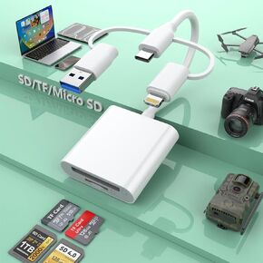 USB C/Lightning/USB A Multi 3-in-1 SD/TF/Micro SD Card Reader for iPhone 15 14 13/iPad Pro/Android/Samsung/Mac Book/Laptop/Camera/Hard Disk/Flash Drive/Trail Camera Viewer-No App Required Plug &Play