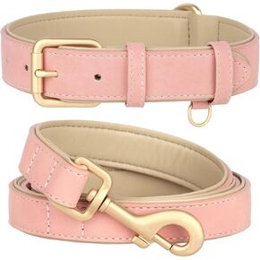 Beirui Soft Padded Leather Dog Collar and Leash Set, Heavy Duty Dog Leash and Collar Set with Metal Buckle, Breathable Dog Collars with 4FT Leather Dog Leash for Small Medium Large Dogs,Pink,M