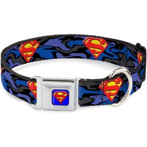 Buckle-Down Seatbelt Buckle Dog Collar - Superman Shield Camo Blue - 1.5" Wide - Fits 13-18" Neck - Small