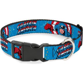 Dog Collar Plastic Clip Captain America Action Pose Weathered Blue 15 to 26 Inches 1.0 Inch Wide