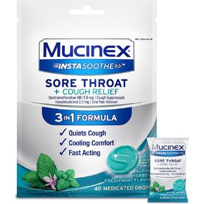 Mucinex InstaSoothe Sore Throat + Pain Relief Elderberry & Wild Cherry Flavor, Fast Acting, Powerful Oral Pain Reliever, 40 Medicated Drops