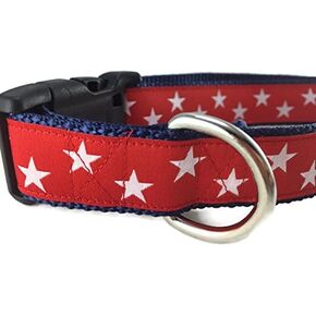 American Dog Collar, Stars, Red, Blue, 1 inch Wide, Adjustable, Plastic Buckle, Quick Release, Medium and Large (Red Stars, Large 15-22")