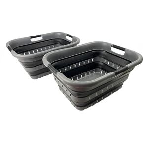 SAMMART 41L (10.8 gallon) Set of 2 Collapsible 3 Handled Plastic Laundry Basket-Foldable Pop Up Storage Container/Organizer-Space Saving Hamper/Basket (2, Black)