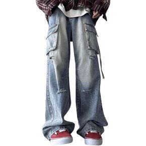 Cargo Pants with Pockets Men Women Baggy Jeans Y2k Wide Leg Grunge Loose Jeans Clothes Streetwear Black