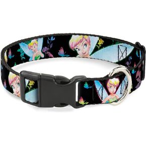 Disney Pet Collar, Dog Collar Plastic Buckle, Glowing Tinker Bell Butterflies Flowers Black Multi Neon, 20 to 31 Inches 1.5 Inch Wide