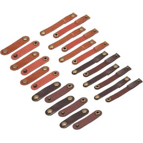 MECCANIXITY 24 Pack Leather Cable Straps Leather Cable Ties Leather Cord Organizer Portable Brown/Light Brown Leather Wire Straps for Earphones, Headphone