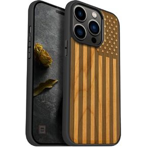 Carveit Magnetic Wood Case for iPhone 14 Pro Case [Natural Wood & Black Soft TPU] Shockproof Protective Cover Unique & Classy Wooden Case Compatible with magsafe (American Flag -Blackwood)