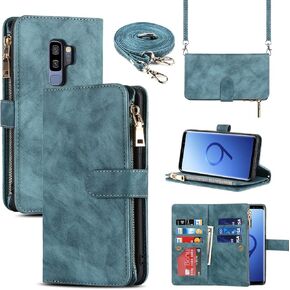 Samsung Galaxy S9 Plus Case, Wallet Case 9 Card Holder 1 Zipper Coin Wallet 2 Cash Slot Lanyard Flip Leather Cover Compatible with Galaxy S9 Plus Wine Red