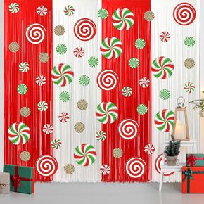48 PCS Christmas Peppermint Foil Fringe Curtains 2 Pack Red White Fringe Party Photo Backdrop Xmas Banners Peppermint Candy Hangings for Winter Holiday Photo Booth Prop Wall Background Party Supplies