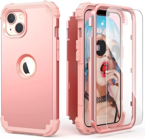 IDweel for iPhone 15 Case with Screen Protector for Women, 3 in 1 Shockproof Slim Fit Hybrid Heavy Duty Hard PC Cover Soft Silicone Bumper Full Body Case,Rose Gold in Saudi Arabia