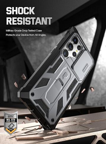 Poetic Spartan Case for Galaxy S24 Ultra 6.8", [Slide Camera Cover] [Screen Protector Works with Fingerprint ID]Military Grade Rugged Shockproof S24 Ultra Phone Case with Kickstand, Metallic Gun Metal in Kuwait