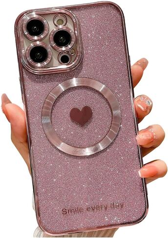 for iPhone 14 Pro Max Case Magnetic Glitter Compatible with MagSafe, Bling Love Heart Clear Phone Case, Camera Protection Sparkly Plating Slim Soft Back Cover for Women - Pink in Saudi Arabia