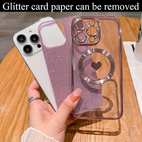 for iPhone 14 Pro Max Case Magnetic Glitter Compatible with MagSafe, Bling Love Heart Clear Phone Case, Camera Protection Sparkly Plating Slim Soft Back Cover for Women - Pink in Saudi Arabia