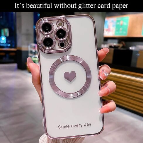 for iPhone 14 Pro Max Case Magnetic Glitter Compatible with MagSafe, Bling Love Heart Clear Phone Case, Camera Protection Sparkly Plating Slim Soft Back Cover for Women - Pink in Saudi Arabia