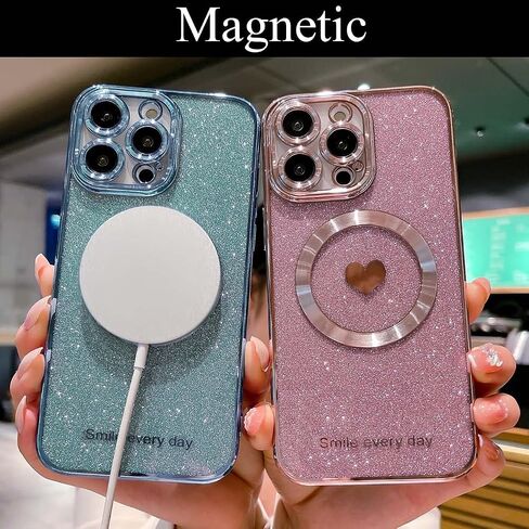 for iPhone 14 Pro Max Case Magnetic Glitter Compatible with MagSafe, Bling Love Heart Clear Phone Case, Camera Protection Sparkly Plating Slim Soft Back Cover for Women - Pink in Saudi Arabia