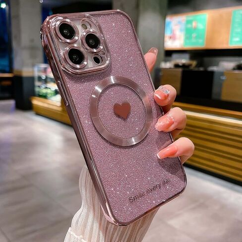for iPhone 14 Pro Max Case Magnetic Glitter Compatible with MagSafe, Bling Love Heart Clear Phone Case, Camera Protection Sparkly Plating Slim Soft Back Cover for Women - Pink in Saudi Arabia