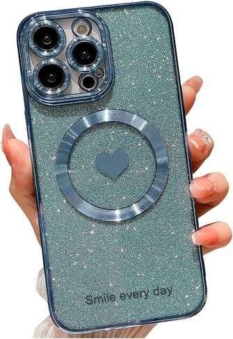 for iPhone 14 Pro Max Case Magnetic Glitter Compatible with MagSafe, Bling Love Heart Clear Phone Case, Camera Protection Sparkly Plating Slim Soft Back Cover for Women - Pink in Saudi Arabia