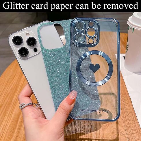 for iPhone 14 Pro Max Case Magnetic Glitter Compatible with MagSafe, Bling Love Heart Clear Phone Case, Camera Protection Sparkly Plating Slim Soft Back Cover for Women - Pink in Saudi Arabia