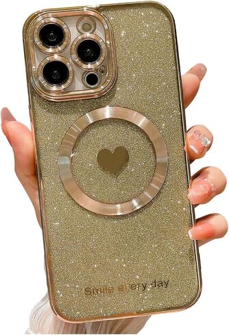 for iPhone 14 Pro Max Case Magnetic Glitter Compatible with MagSafe, Bling Love Heart Clear Phone Case, Camera Protection Sparkly Plating Slim Soft Back Cover for Women - Pink in Saudi Arabia