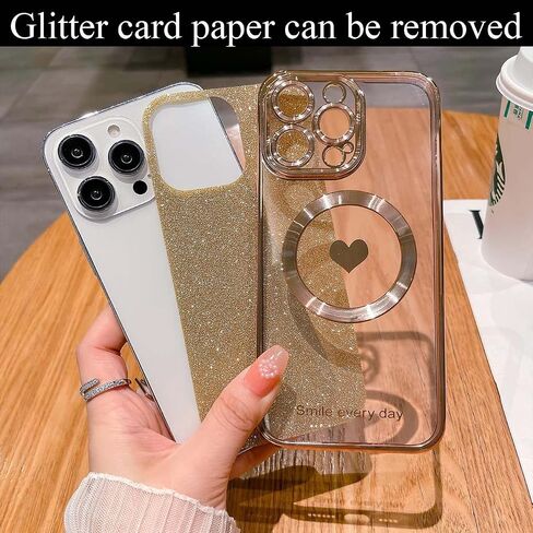 for iPhone 14 Pro Max Case Magnetic Glitter Compatible with MagSafe, Bling Love Heart Clear Phone Case, Camera Protection Sparkly Plating Slim Soft Back Cover for Women - Pink in Saudi Arabia