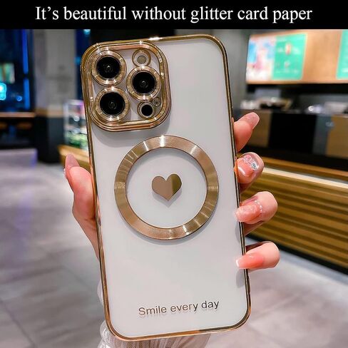 for iPhone 14 Pro Max Case Magnetic Glitter Compatible with MagSafe, Bling Love Heart Clear Phone Case, Camera Protection Sparkly Plating Slim Soft Back Cover for Women - Pink in Saudi Arabia